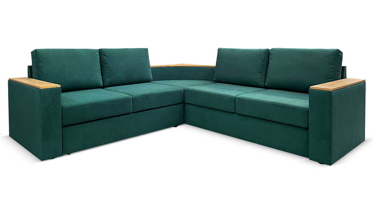 Угловой диван Фоборг с полкой Зеленый велюр